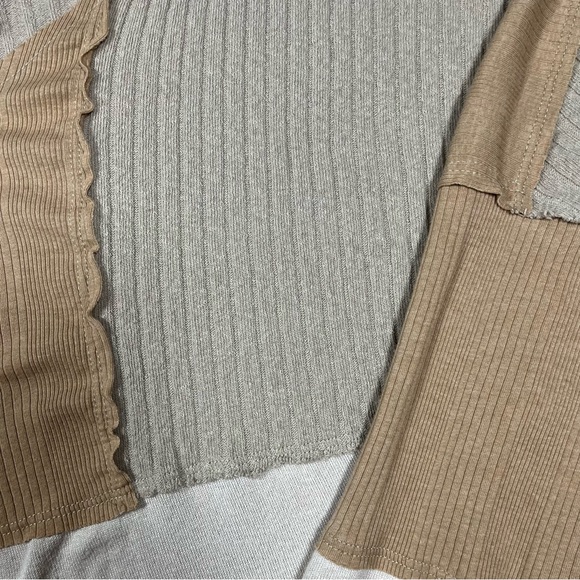 BKE Buckle Pierced Raw Edge Top Boho Patchwork Long Sleeve Tee Tan Beige XXL - Picture 6 of 8